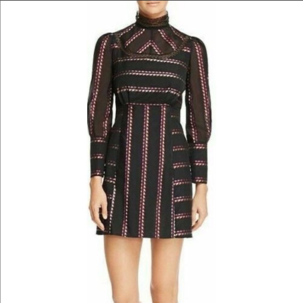 NWT Sandro Sibel Floral Jacquard Mini Dress Lace Mock Neck Metallic